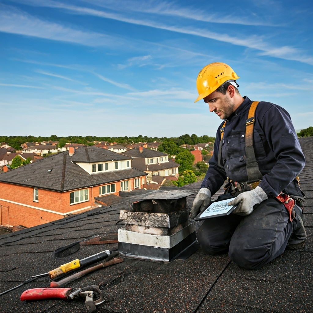 Certified chimney technician conducting roof inspection Deer Park NY - Professional safety equipment and detailed assessment services