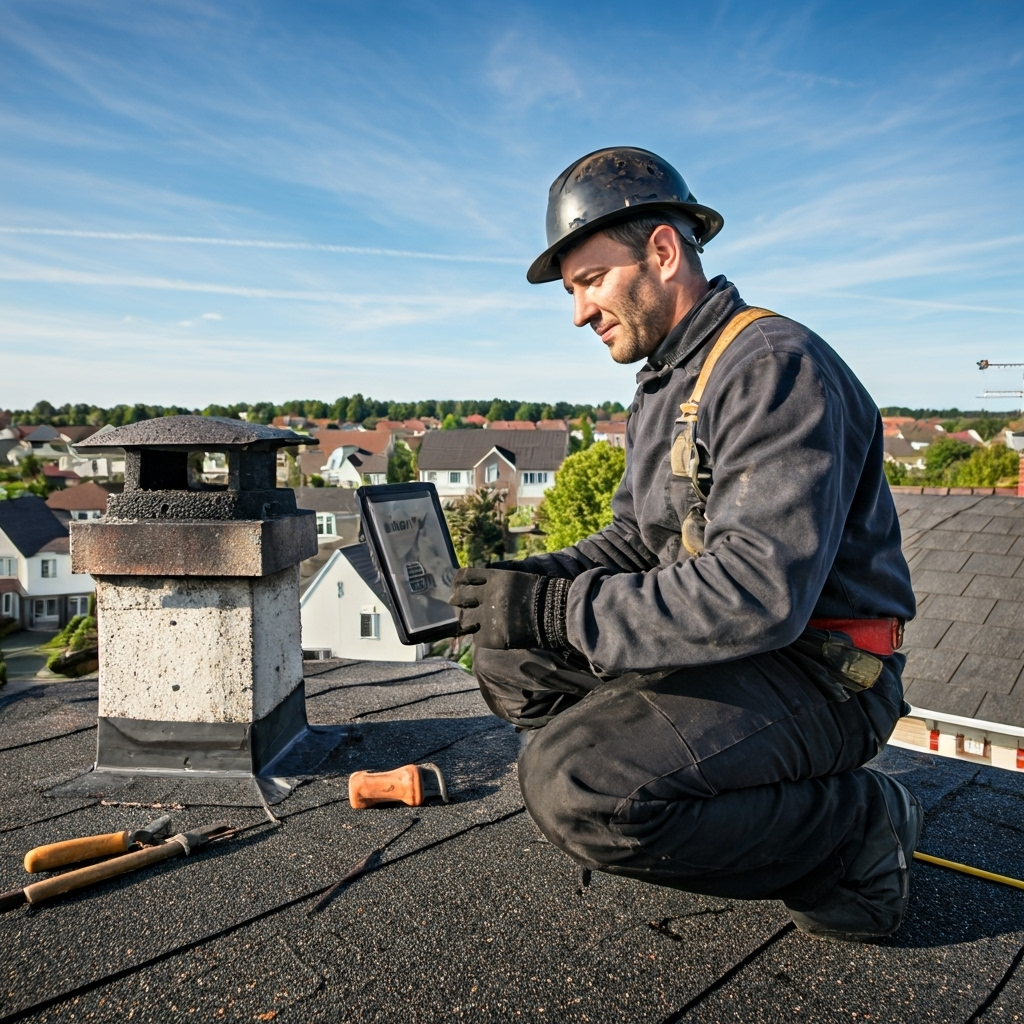 Modern chimney inspection technology Deer Park NY - Professional technician using digital tools for detailed roof and chimney assessment