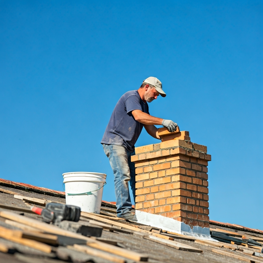 Professional chimney repair in progress - Expert mason rebuilding chimney in Deer Park NY by certified technicians